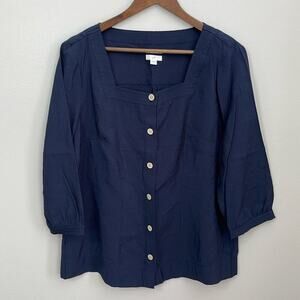 J. Jill Navy Blue 3/4 Sleeve Square Neck Blouse Size L